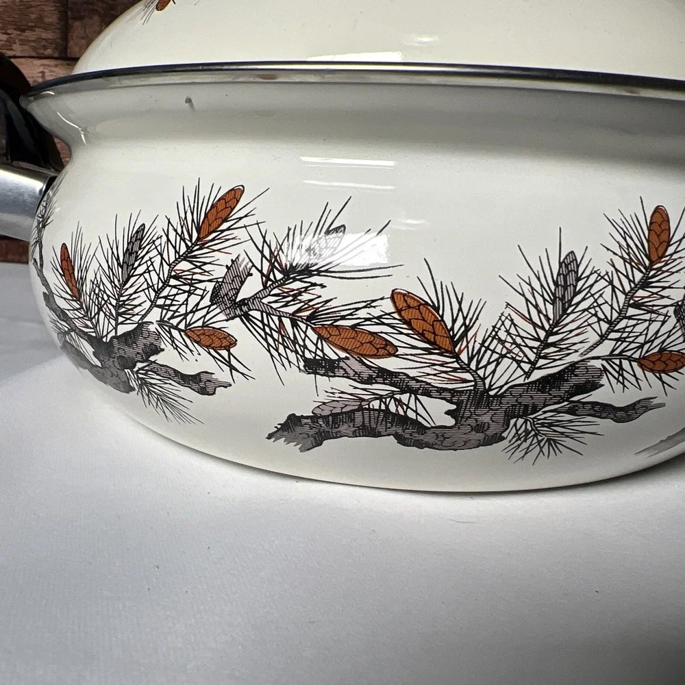 Vintage Enamel Cooking Bean Pots‎ With Lids Douglas Fir Pine Cone Design